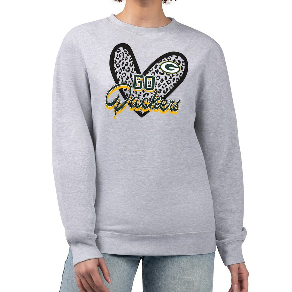 Green Bay Packers G-III 4Her by Carl Banks Women's Leopard Heart Pullover Sweatshirt - Heather Gray Pullover