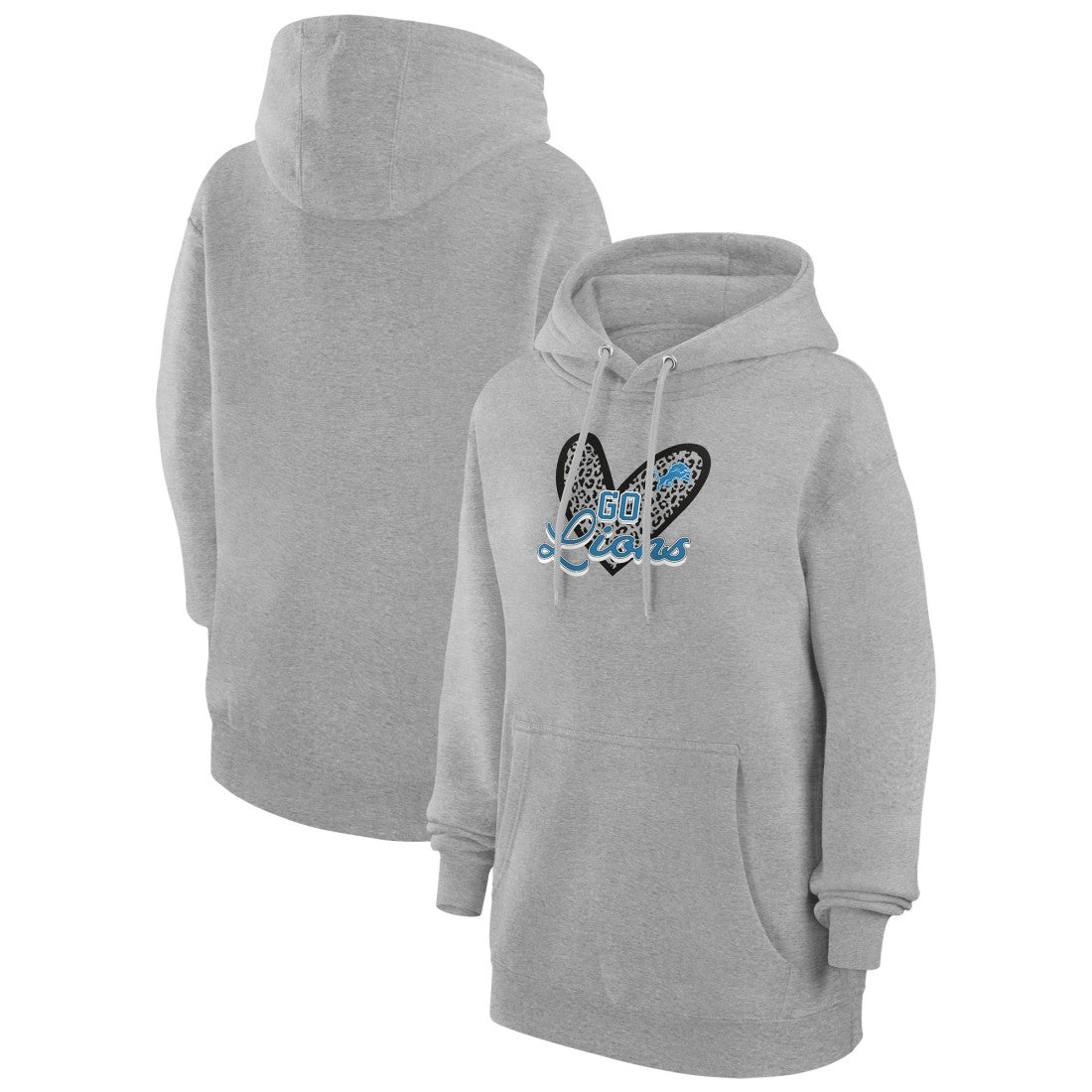 Detroit Lions G-III 4Her by Carl Banks Women's Animal Print Heart Team Graphic Fleece Tri-Blend Pullover Hoodie - Heather Gray Hoodies