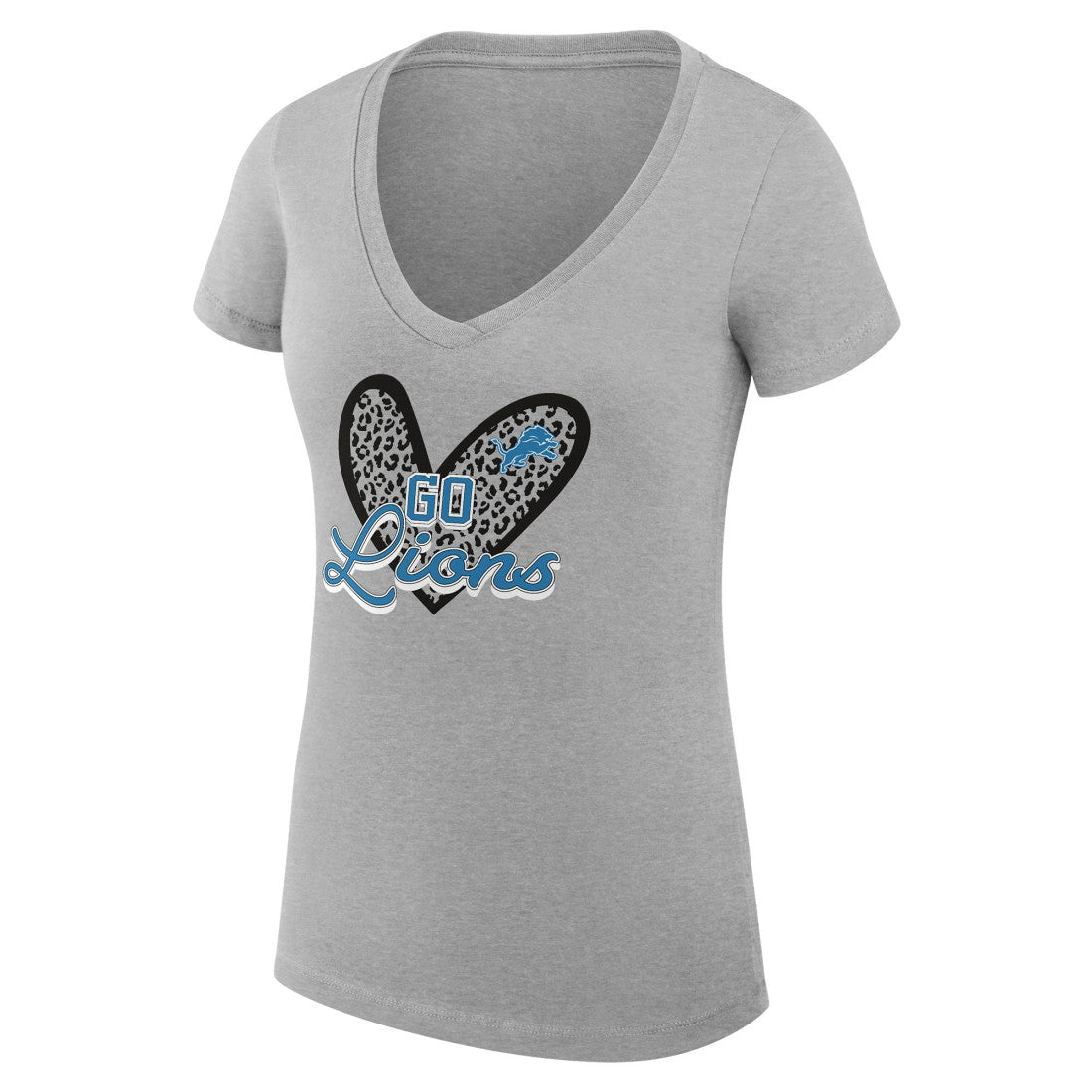 Detroit Lions G-III 4Her by Carl Banks Women's Super-Slim Fit Lightweight Leopard Heart V-Neck T-Shirt - Heather Gray T-shirts