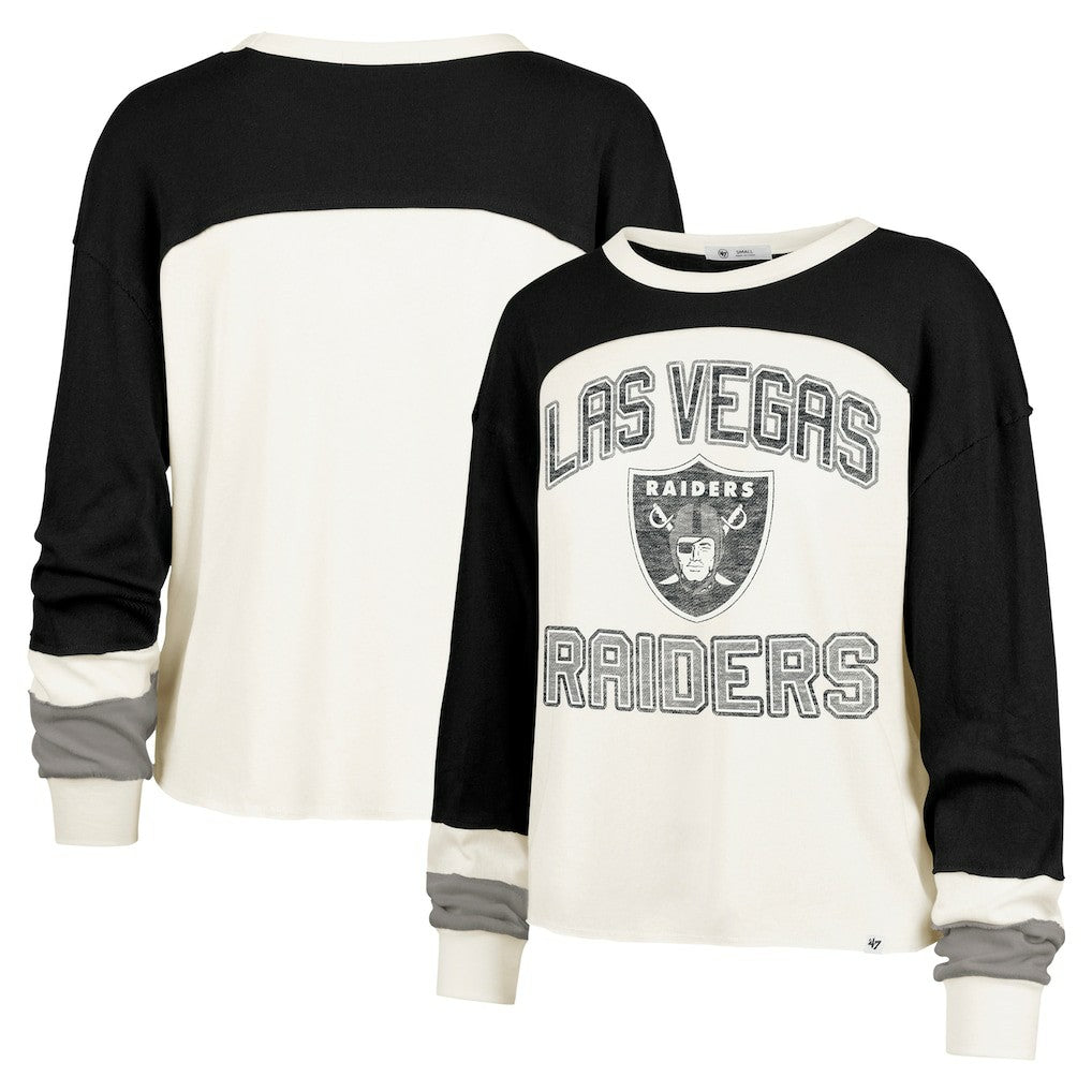 Las Vegas Raiders '47 Women's Double Header Curve Raglan Long Sleeve Crop Top - Cream Tops