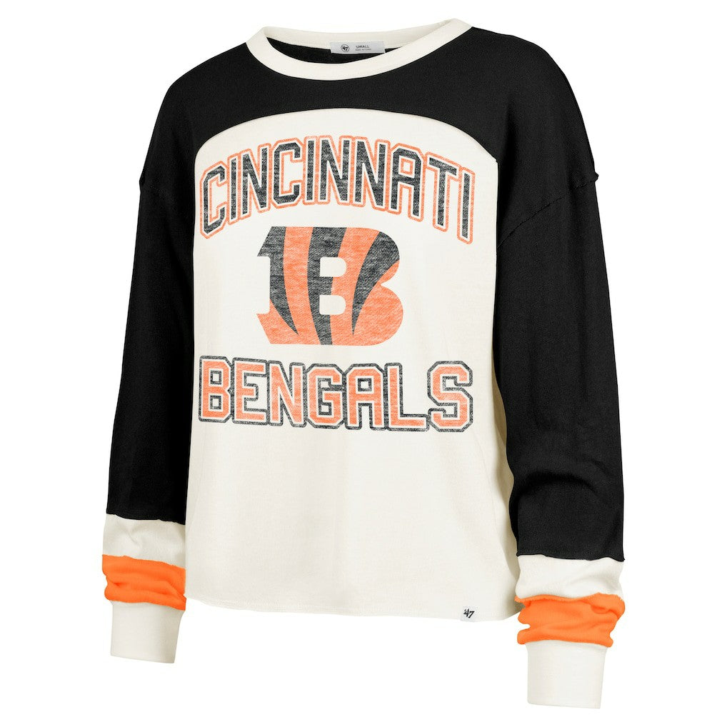 Cincinnati Bengals '47 Women's Double Header Curve Raglan Long Sleeve Crop Top - Cream Tops