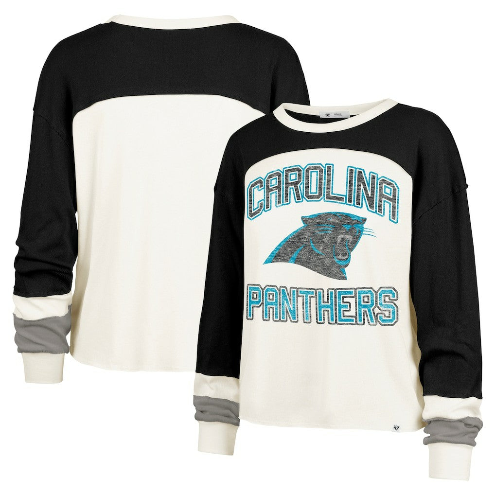 Carolina Panthers '47 Women's Double Header Curve Raglan Long Sleeve Crop Top - Cream Tops
