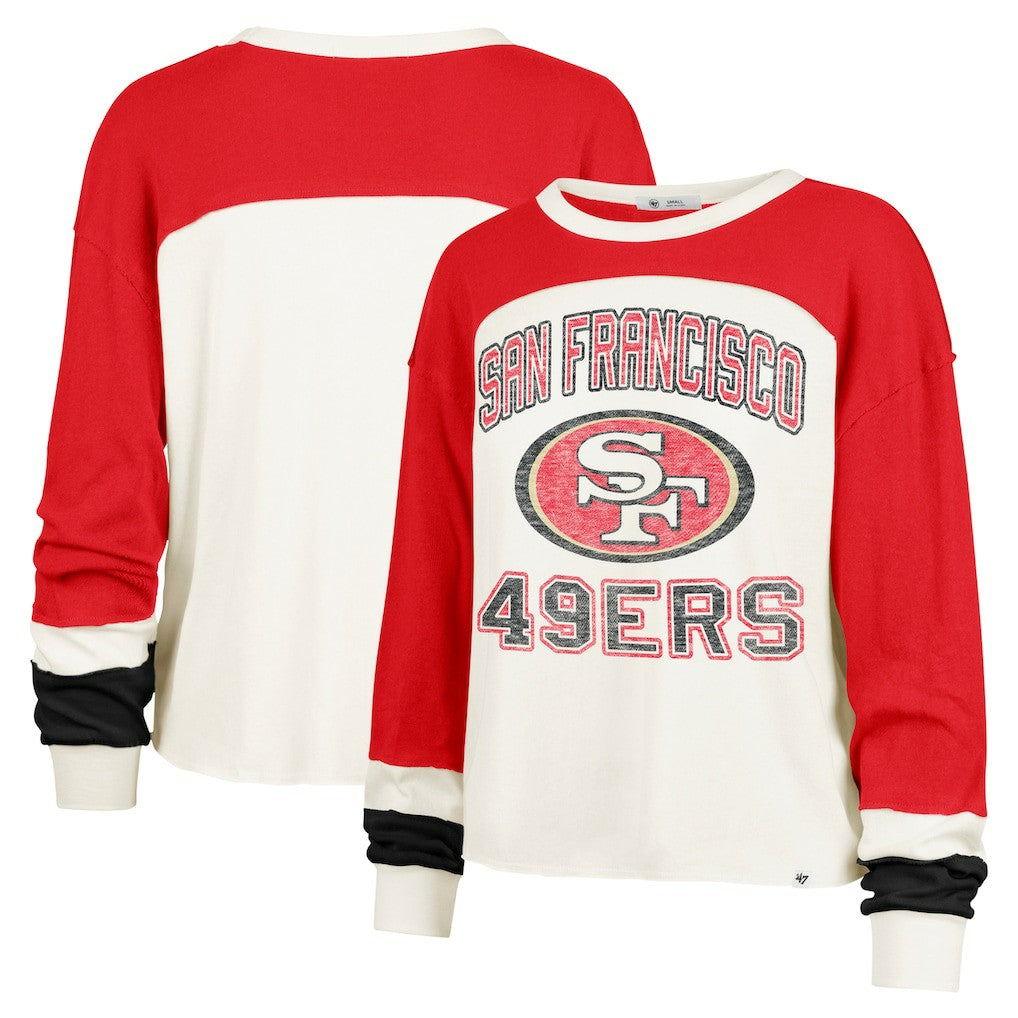 San Francisco 49ers '47 Women's Double Header Curve Raglan Long Sleeve Crop Top - Cream Tops
