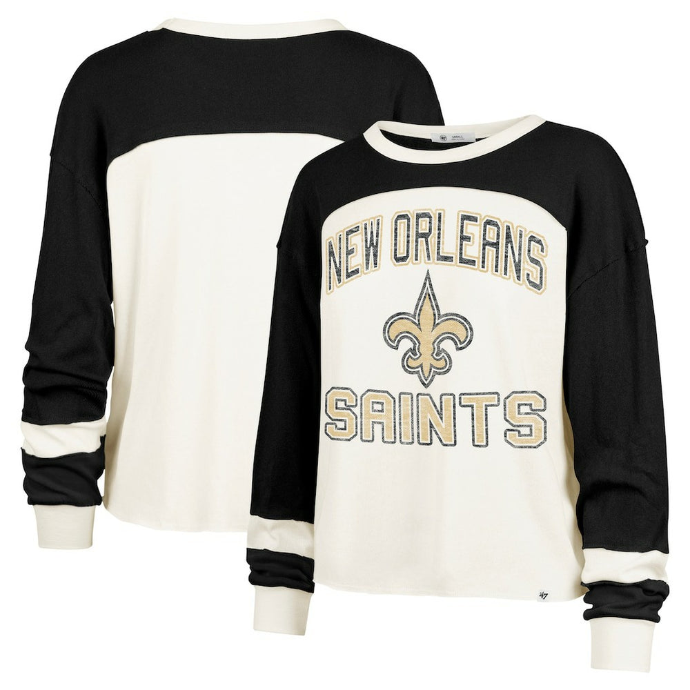 New Orleans Saints '47 Women's Double Header Curve Raglan Long Sleeve Crop Top - Cream Tops