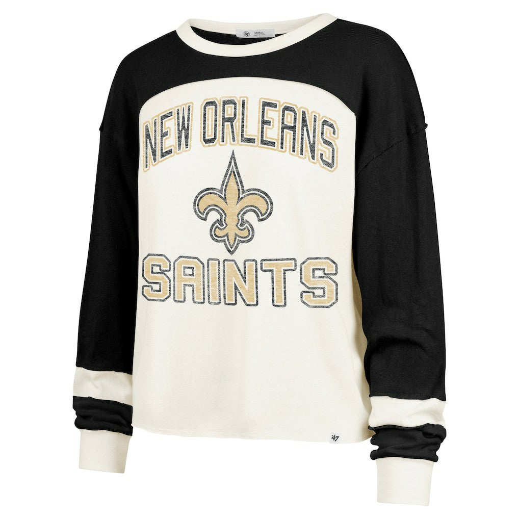 New Orleans Saints '47 Women's Double Header Curve Raglan Long Sleeve Crop Top - Cream Tops