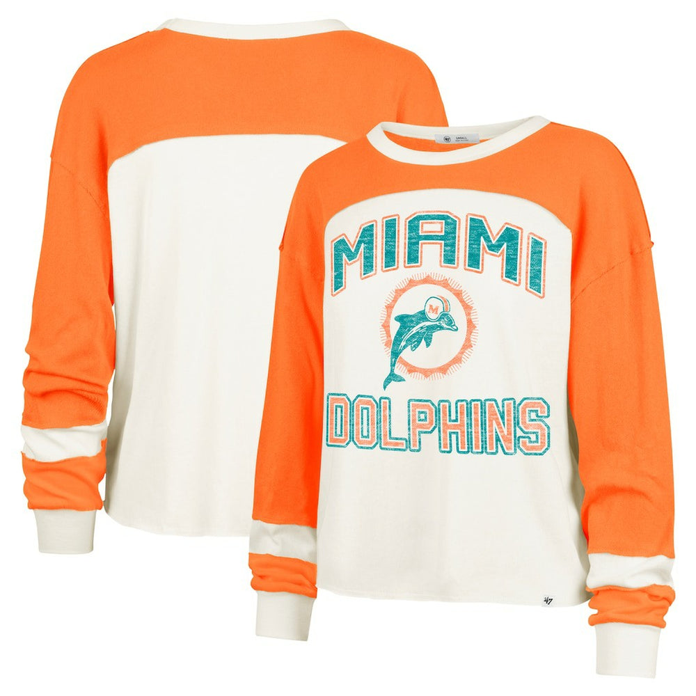 Miami Dolphins '47 Women's Double Header Curve Raglan Long Sleeve Crop Top - Cream Tops