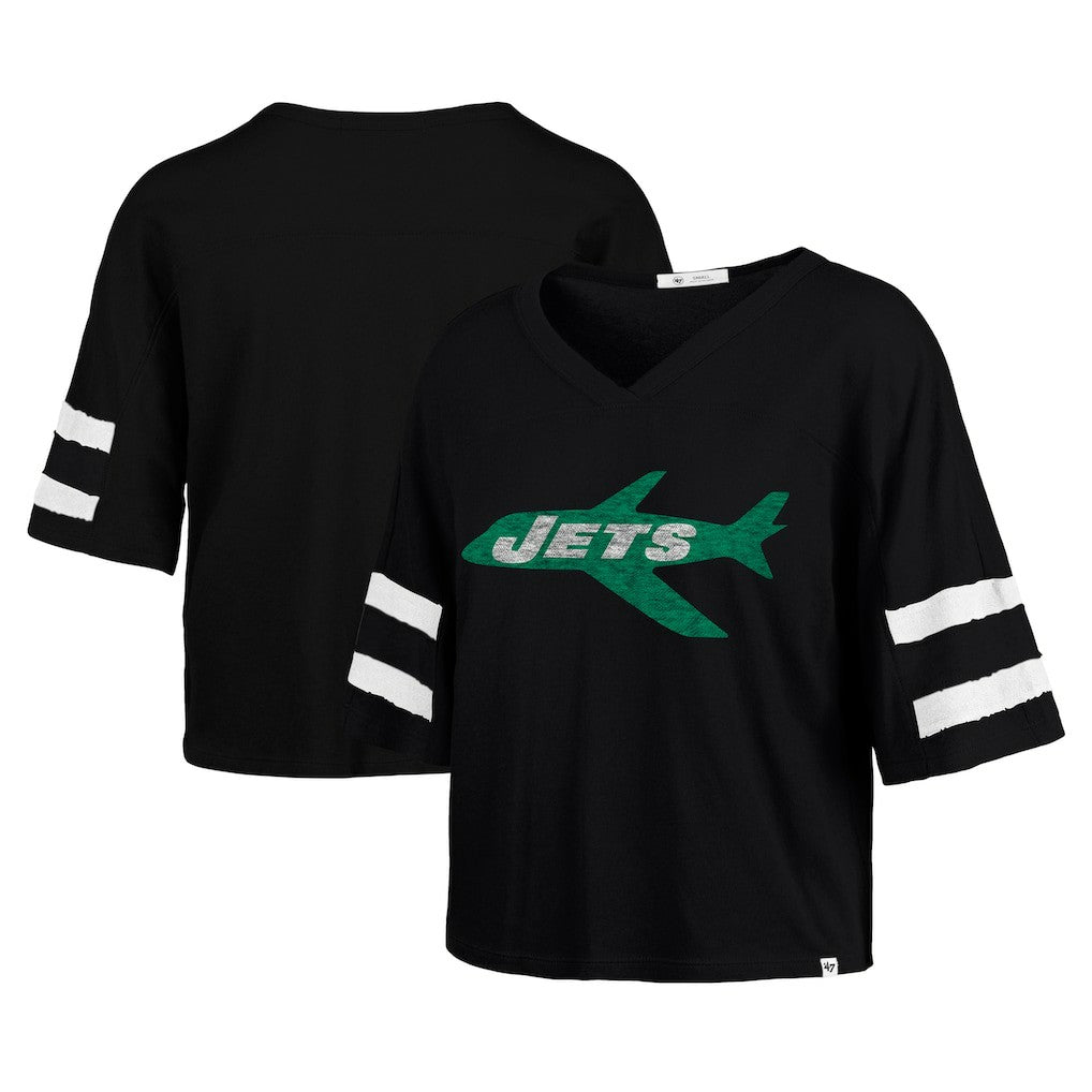 New York Jets '47 Women's Double Header Scout Cropped V-Neck T-Shirt - Black T-shirts