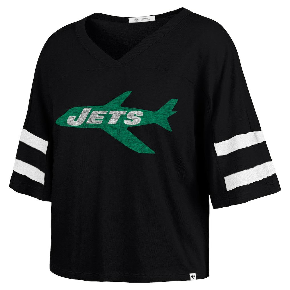New York Jets '47 Women's Double Header Scout Cropped V-Neck T-Shirt - Black T-shirts