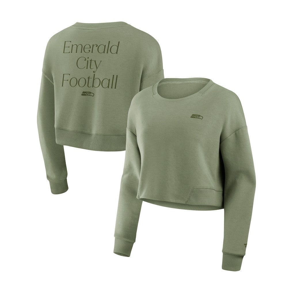 Seattle Seahawks Women's Studio Tri-Blend Cropped Pullover Sweatshirt - Olive Pullover