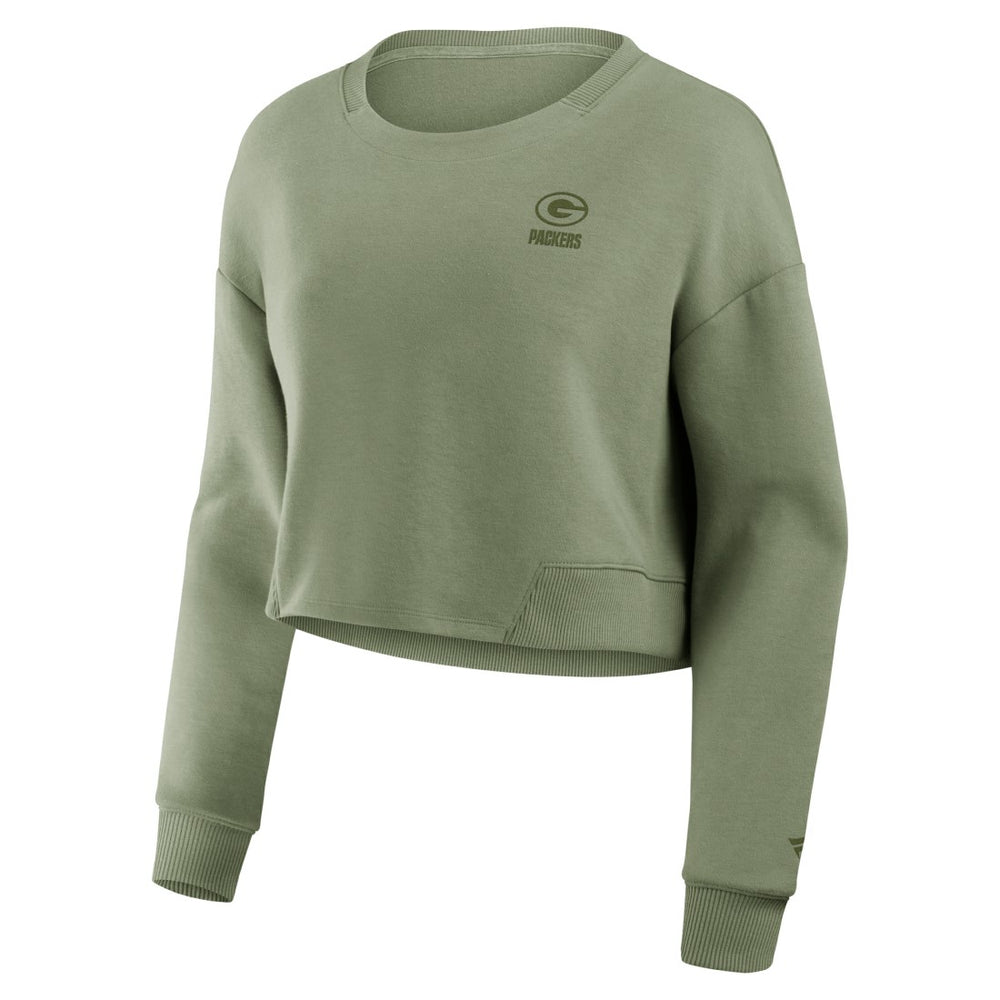 Green Bay Packers Women's Studio Tri-Blend Cropped Pullover Sweatshirt - Olive Pullover