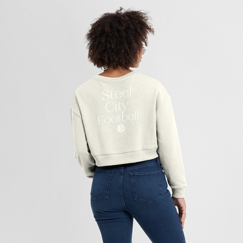 Pittsburgh Steelers Women's Studio Tri-Blend Cropped Pullover Sweatshirt - Cream Pullover