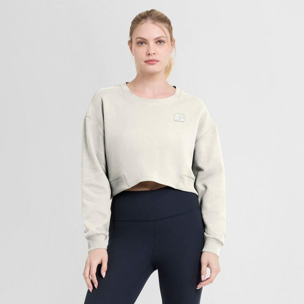 Cincinnati Bengals Women's Studio Tri-Blend Cropped Pullover Sweatshirt - Cream Pullover
