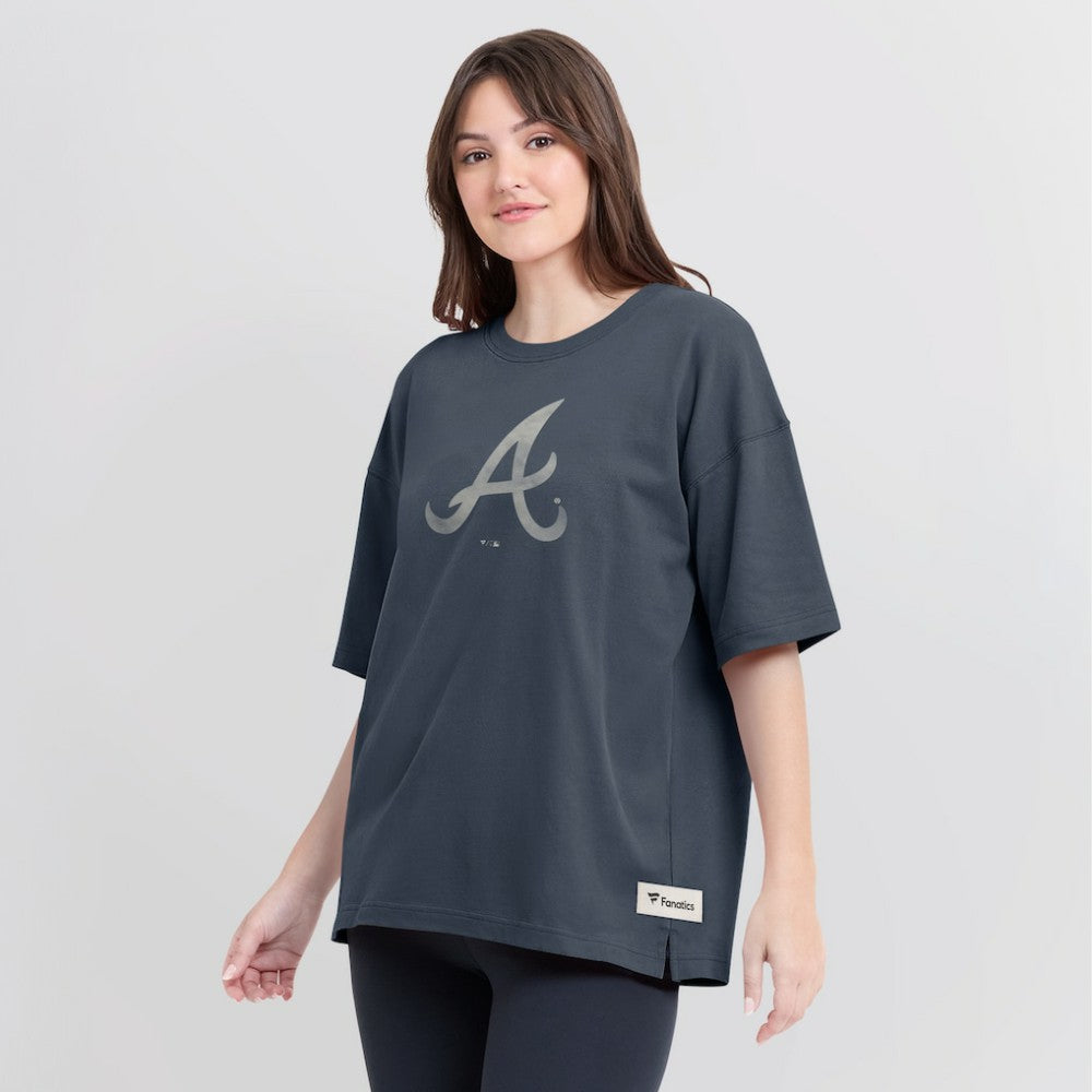 Atlanta Braves Fanatics Women's Oversized Elements Raw Edge Future Ground T-Shirt - Blue T-shirts