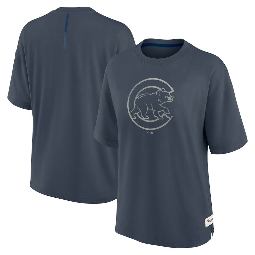 Chicago Cubs Fanatics Women's Oversized Elements Raw Edge Future Ground T-Shirt - Blue T-shirts