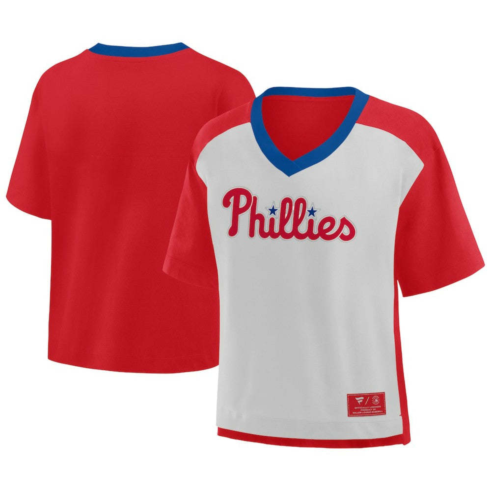 Philadelphia Phillies Fanatics Oversized Race To Win V-Neck T-Shirt - Red/Graphite T-shirts