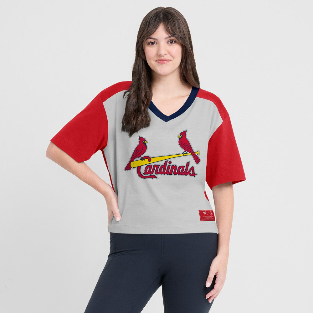 St. Louis Cardinals Fanatics Oversized Race To Win V-Neck T-Shirt - Red/Graphite T-shirts