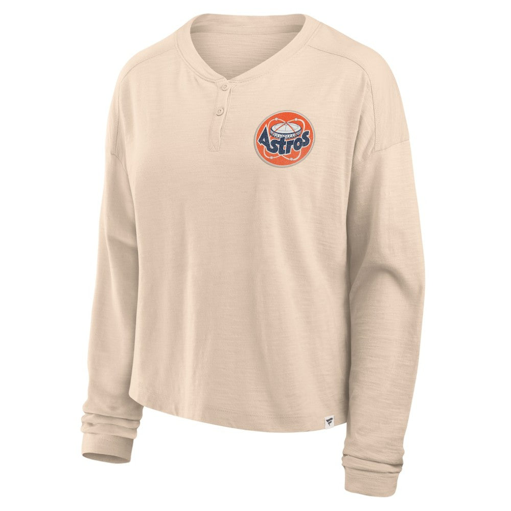 Houston Astros Fanatics Women's Oversized Stadium Slub Long Sleeve Henley T-Shirt - Tan T-shirts