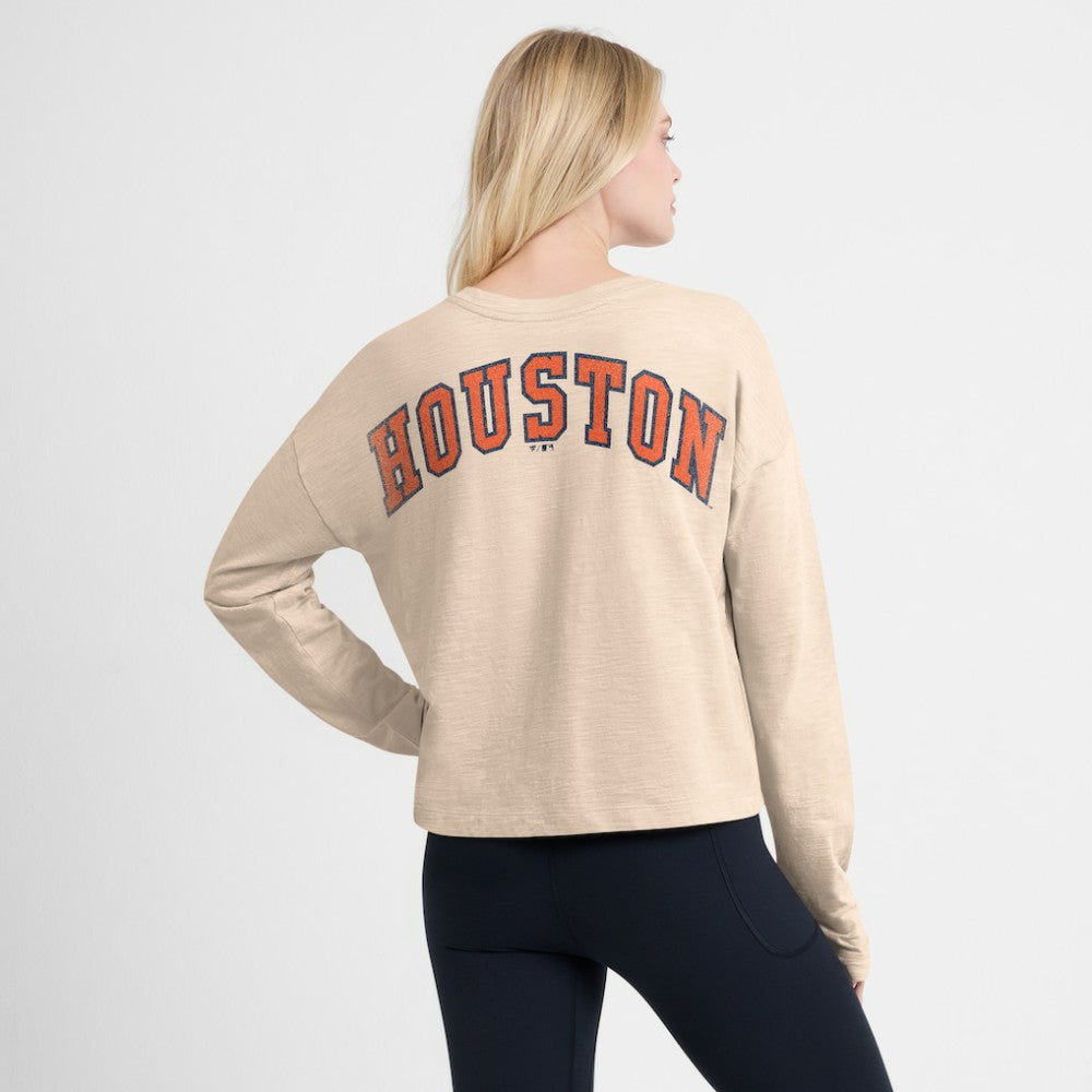 Houston Astros Fanatics Women's Oversized Stadium Slub Long Sleeve Henley T-Shirt - Tan T-shirts