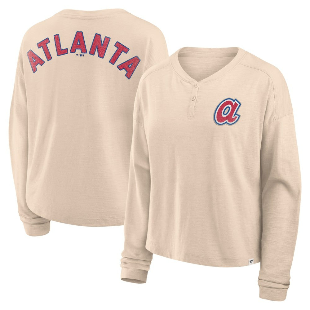 Atlanta Braves Fanatics Women's Oversized Stadium Slub Long Sleeve Henley T-Shirt - Tan T-shirts
