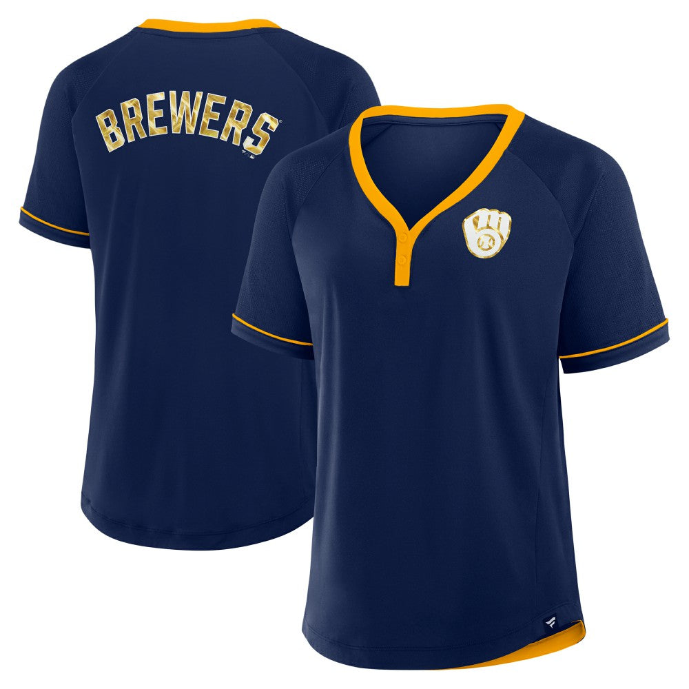 Milwaukee Brewers Fanatics Women's League Diva Star Raglan V-Neck T-Shirt - Navy T-shirts