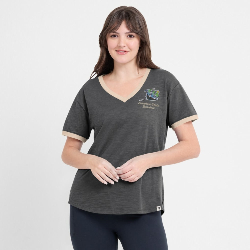 Tampa Bay Rays Fanatics Women's Binge Worthy Stadium Slub V-Neck T-Shirt - Black T-shirts