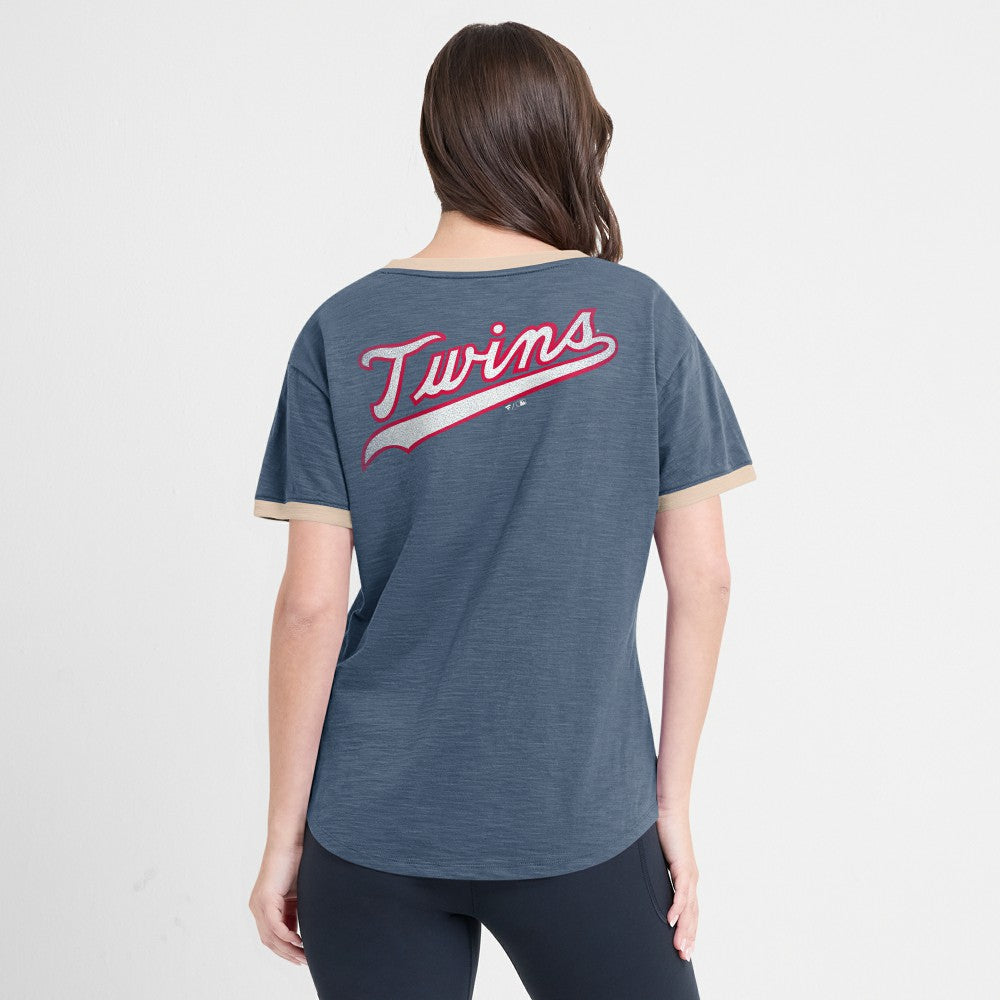 Minnesota Twins Fanatics Women's Binge Worthy Stadium Slub V-Neck T-Shirt - Navy T-shirts