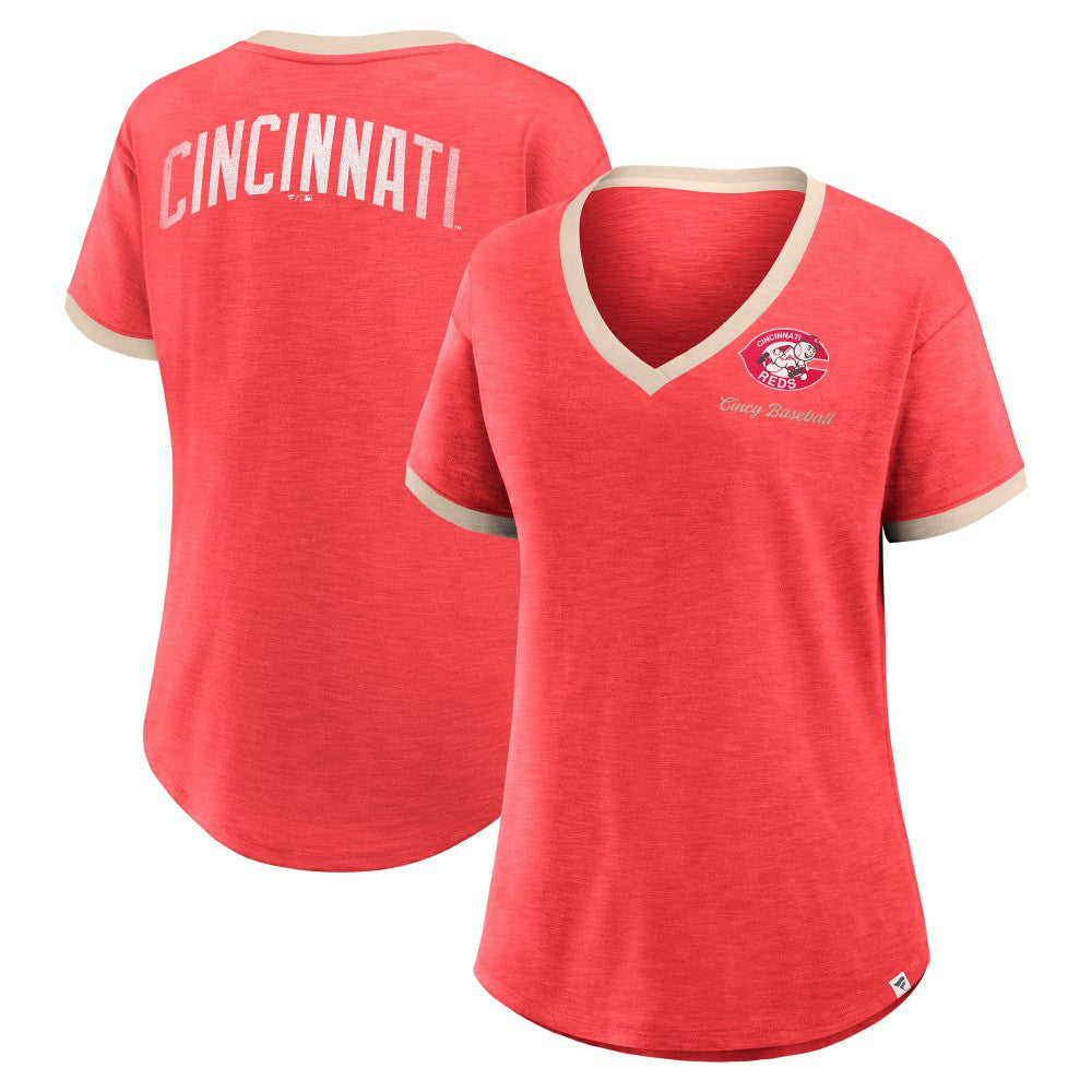 Cincinnati Reds Fanatics Women's Binge Worthy Stadium Slub V-Neck T-Shirt - Red T-shirts
