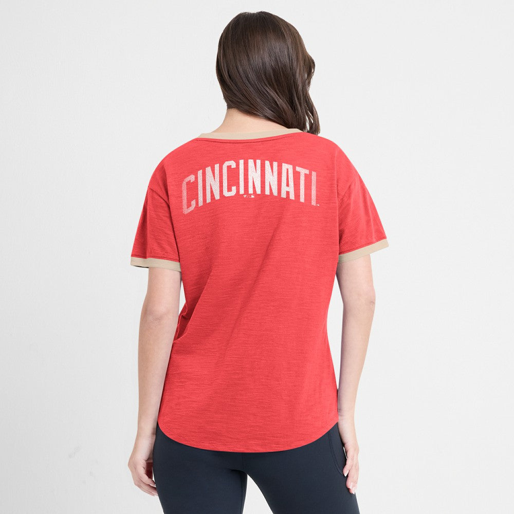 Cincinnati Reds Fanatics Women's Binge Worthy Stadium Slub V-Neck T-Shirt - Red T-shirts