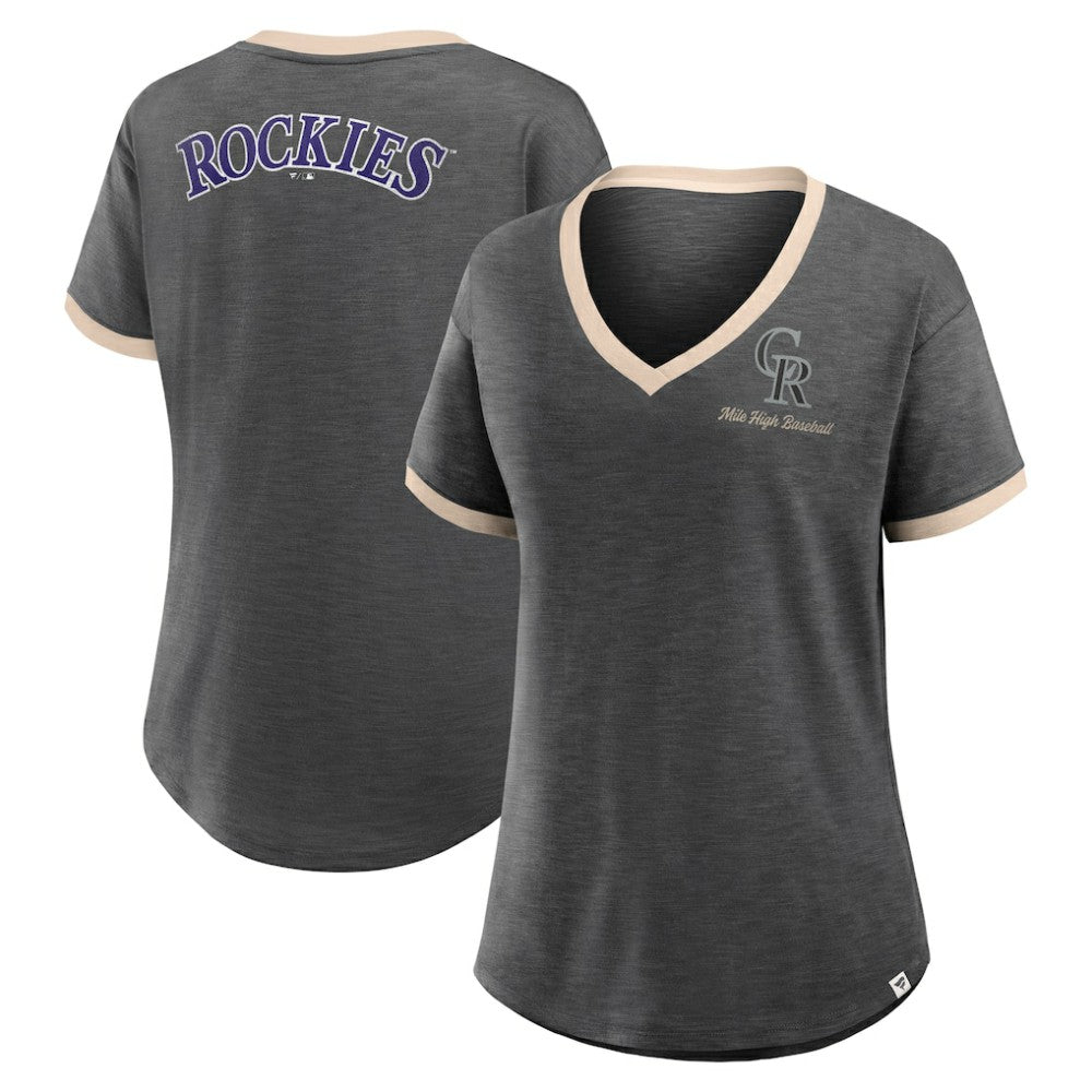 Colorado Rockies Fanatics Women's Binge Worthy Stadium Slub V-Neck T-Shirt - Black T-shirts