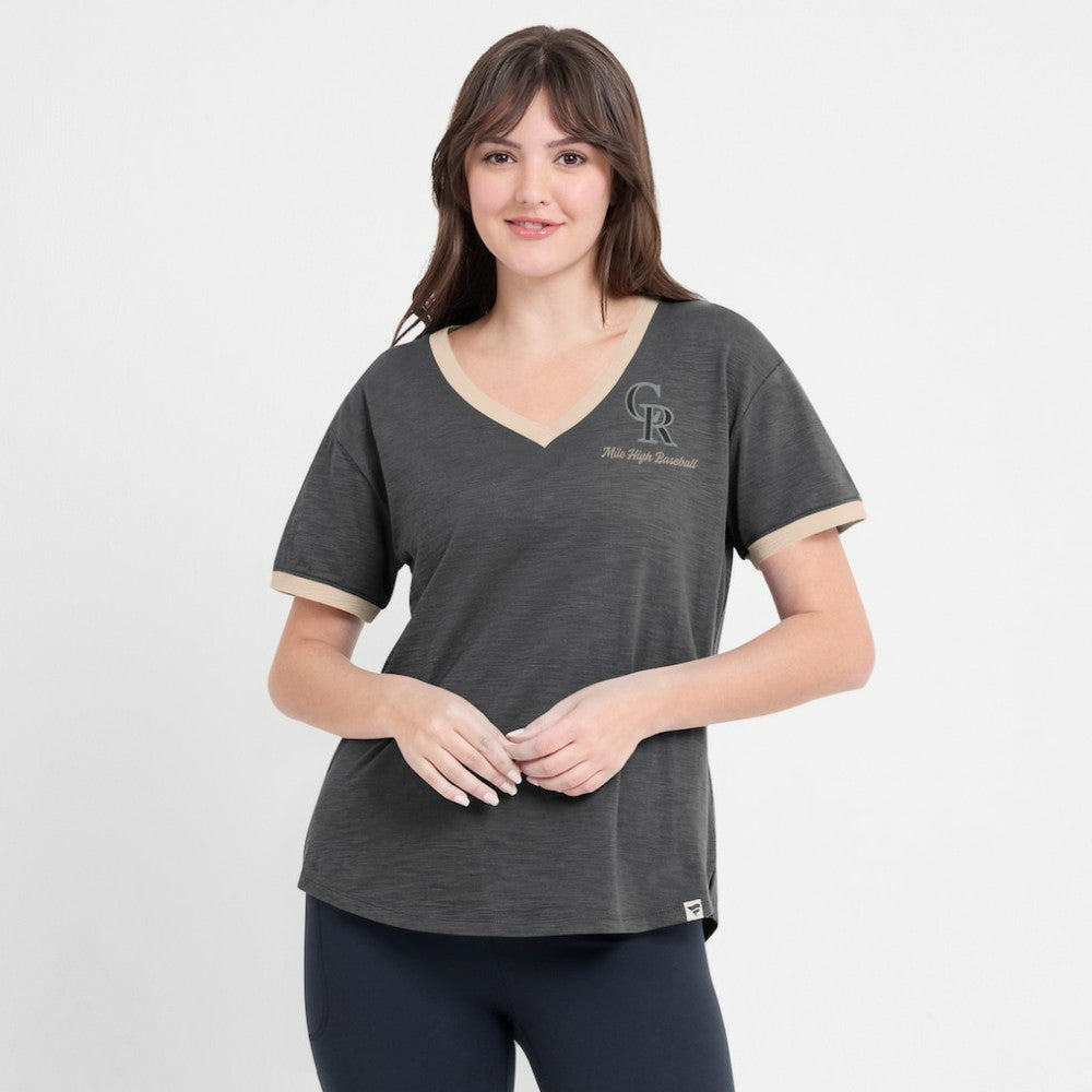 Colorado Rockies Fanatics Women's Binge Worthy Stadium Slub V-Neck T-Shirt - Black T-shirts