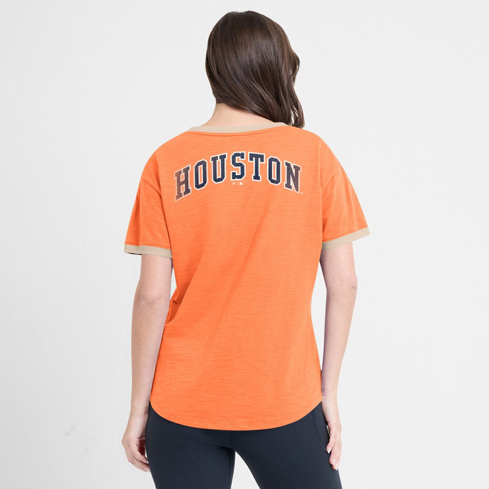 Houston Astros Fanatics Women's Binge Worthy Stadium Slub V-Neck T-Shirt - Orange T-shirts