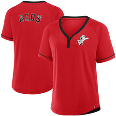Cincinnati Reds Fanatics Women's Cooperstown Collection League Diva Raglan V-Neck T-Shirt - Red T-shirts