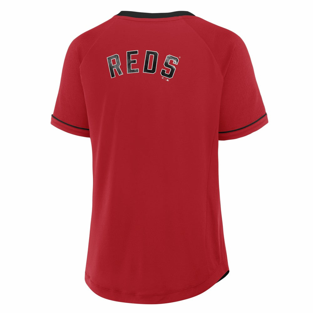 Cincinnati Reds Fanatics Women's Cooperstown Collection League Diva Raglan V-Neck T-Shirt - Red T-shirts