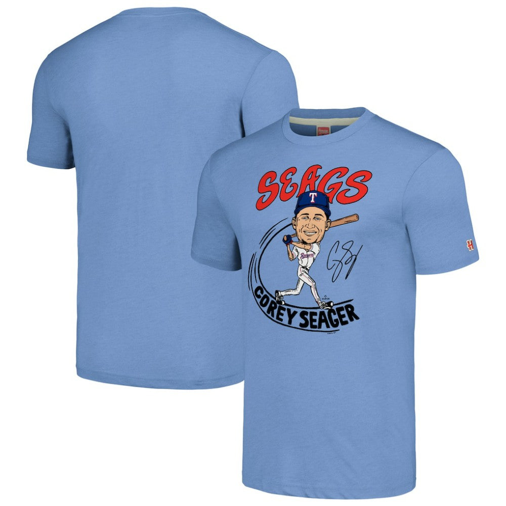 Corey Seager Texas Rangers Homage Caricature Player Tri-Blend T-Shirt - Light Blue T-shirts