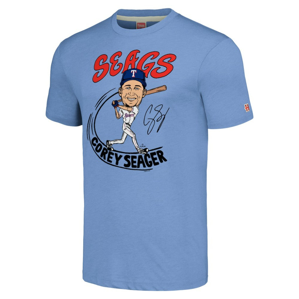 Corey Seager Texas Rangers Homage Caricature Player Tri-Blend T-Shirt - Light Blue T-shirts