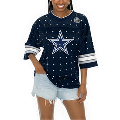 Dallas Cowboys Gameday Couture Women's Kickoff Time Allover Rhinestone Sports Stripe Jersey V-Neck T-Shirt - Navy T-shirts