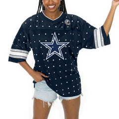 Dallas Cowboys Gameday Couture Women's Kickoff Time Allover Rhinestone Sports Stripe Jersey V-Neck T-Shirt - Navy T-shirts