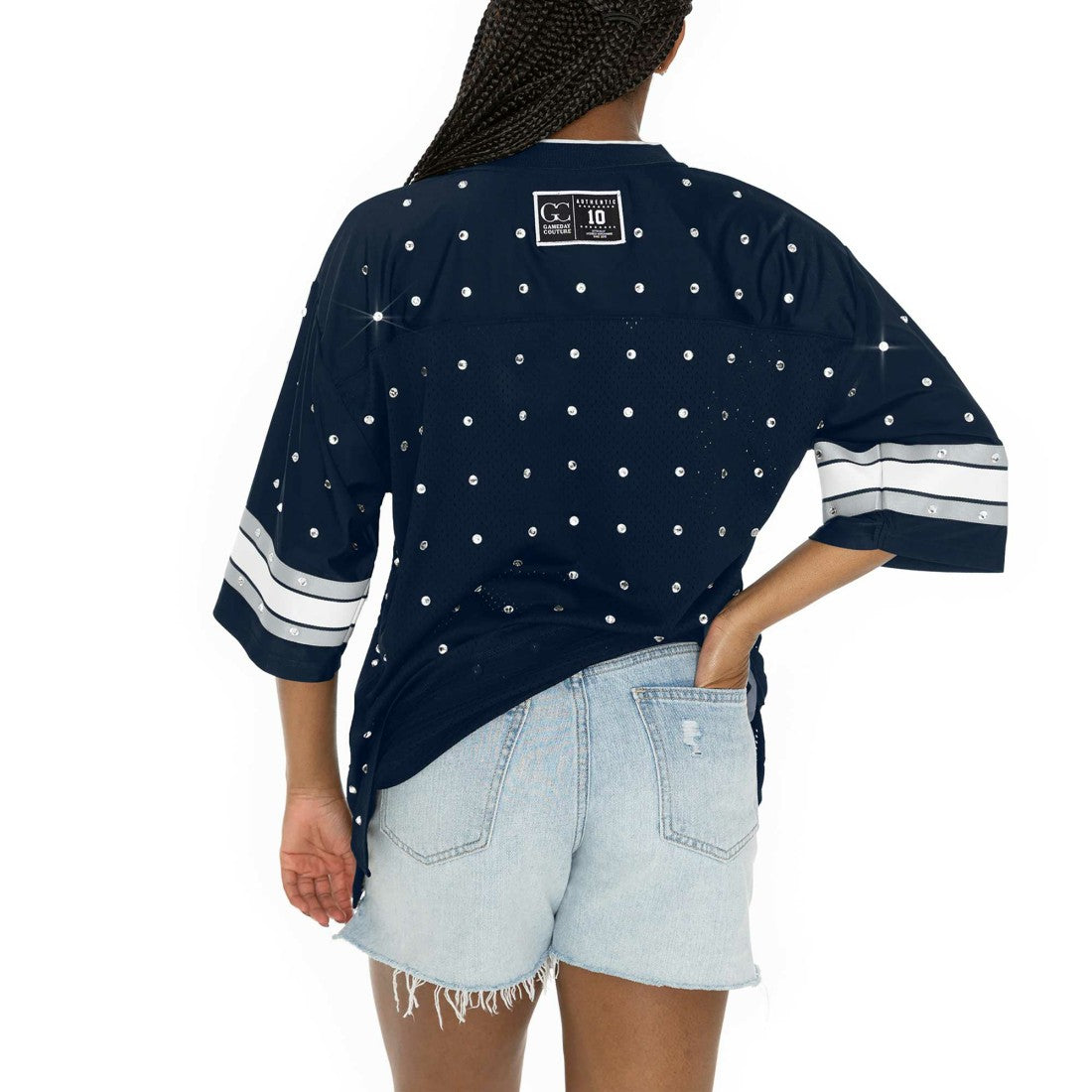 Dallas Cowboys Gameday Couture Women's Kickoff Time Allover Rhinestone Sports Stripe Jersey V-Neck T-Shirt - Navy T-shirts