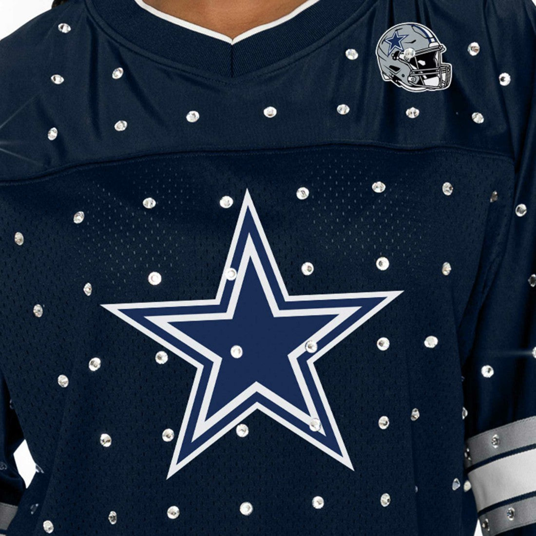 Dallas Cowboys Gameday Couture Women's Kickoff Time Allover Rhinestone Sports Stripe Jersey V-Neck T-Shirt - Navy T-shirts