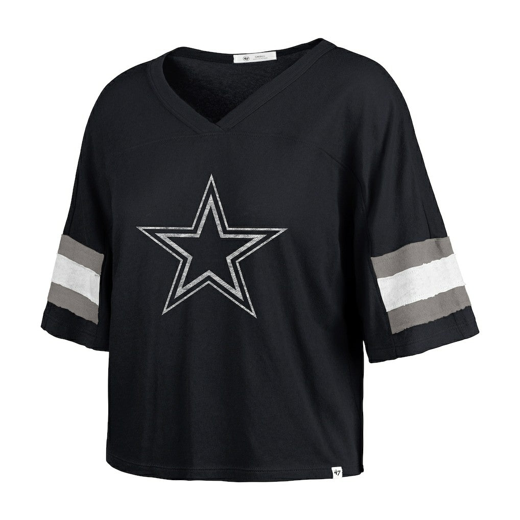 Dallas Cowboys '47 Women's Double Header Scout Cropped V-Neck T-Shirt - Navy T-shirts