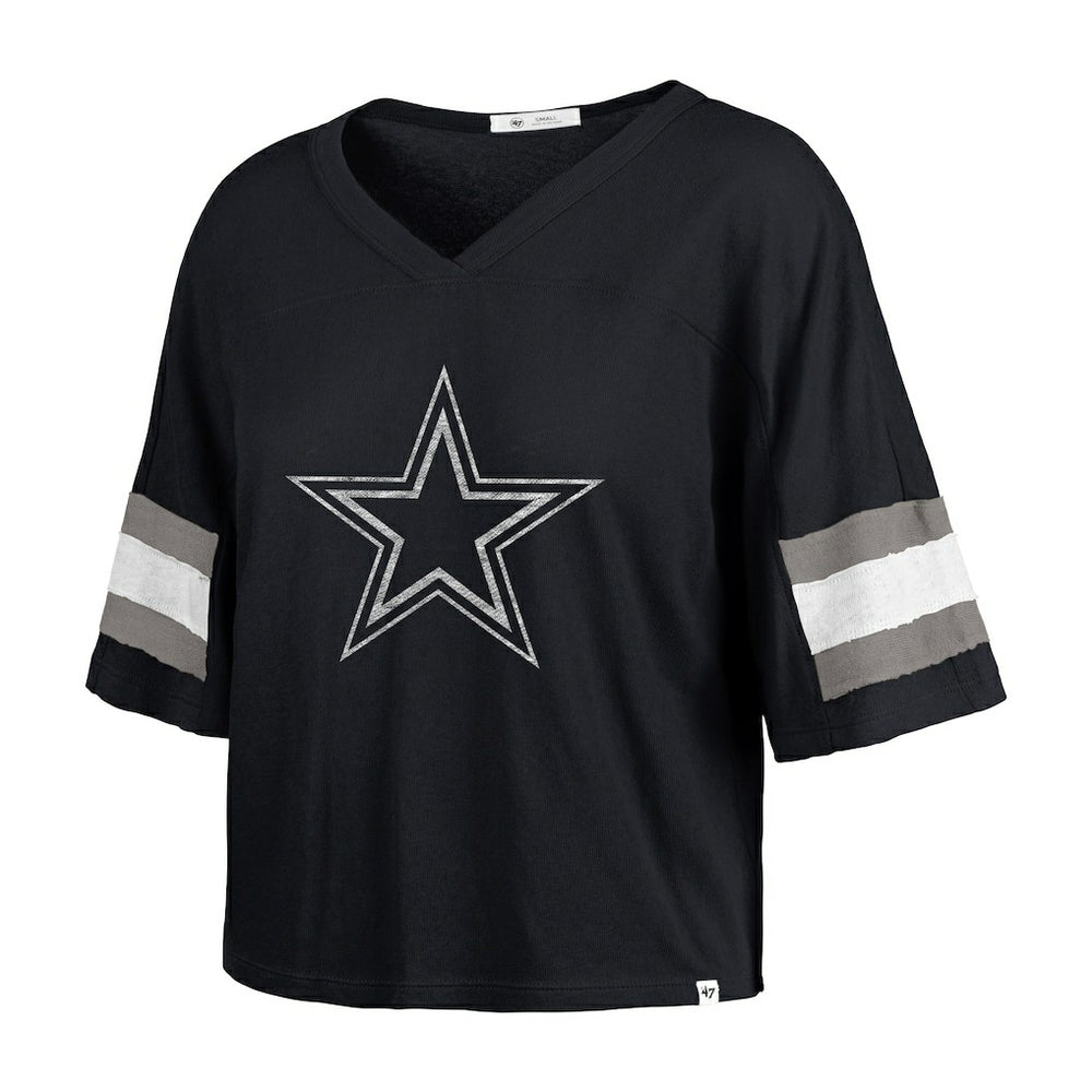 Dallas Cowboys '47 Women's Double Header Scout Cropped V-Neck T-Shirt - Navy T-shirts