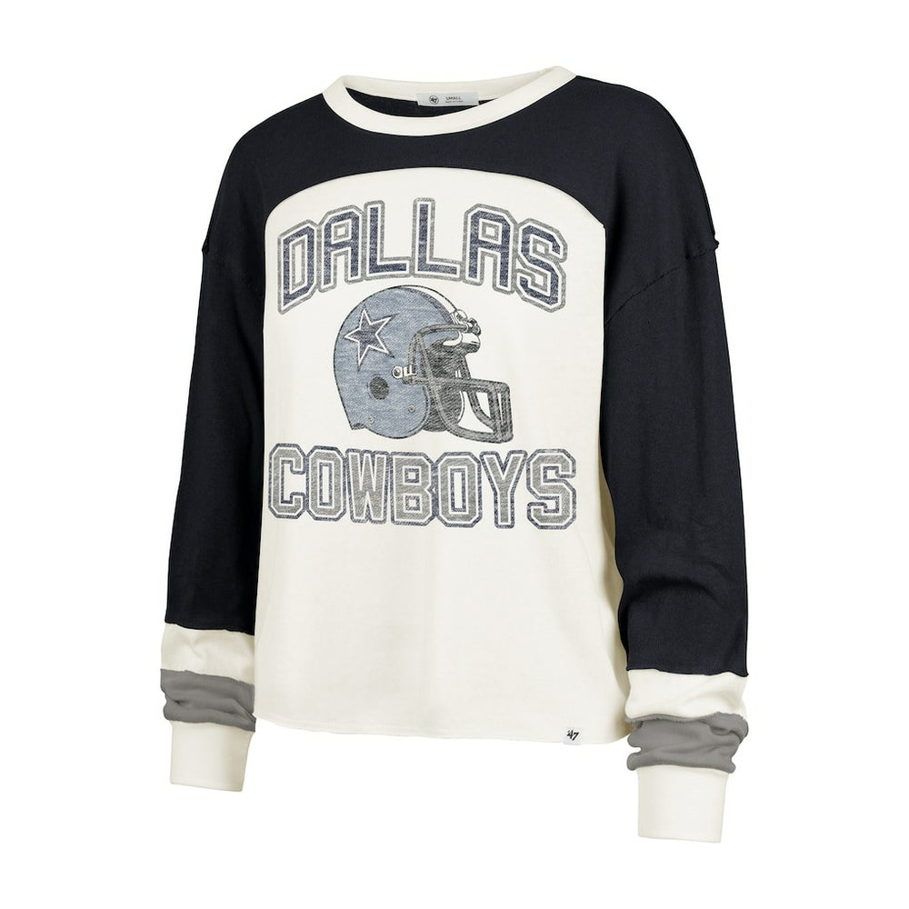 Dallas Cowboys '47 Women's Double Header Curve Raglan Long Sleeve Crop Top - Cream Tops