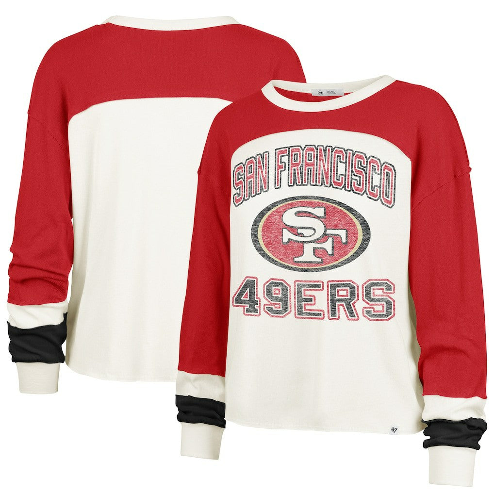 San Francisco 49ers '47 Women's Plus Size Double Header Curve Toni Long Sleeve T-Shirt - Cream/Scarlet T-shirts
