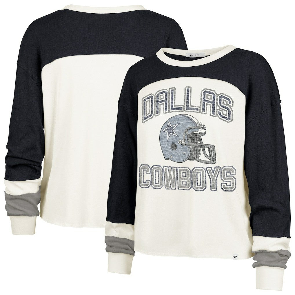 Dallas Cowboys '47 Women's Plus Size Double Header Curve Toni Long Sleeve T-Shirt - Cream/Navy T-shirts