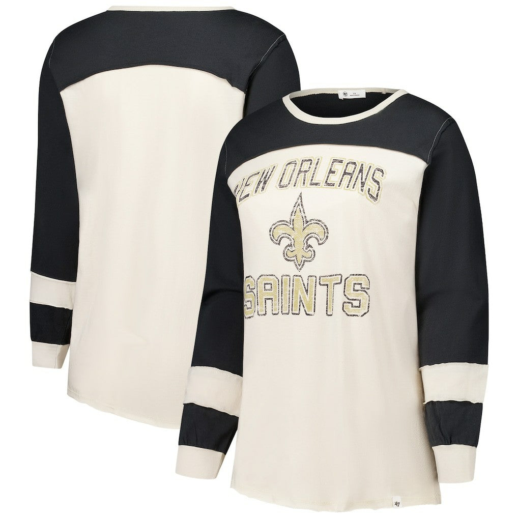New Orleans Saints '47 Women's Plus Size Double Header Curve Toni Long Sleeve T-Shirt - Cream/Black T-shirts