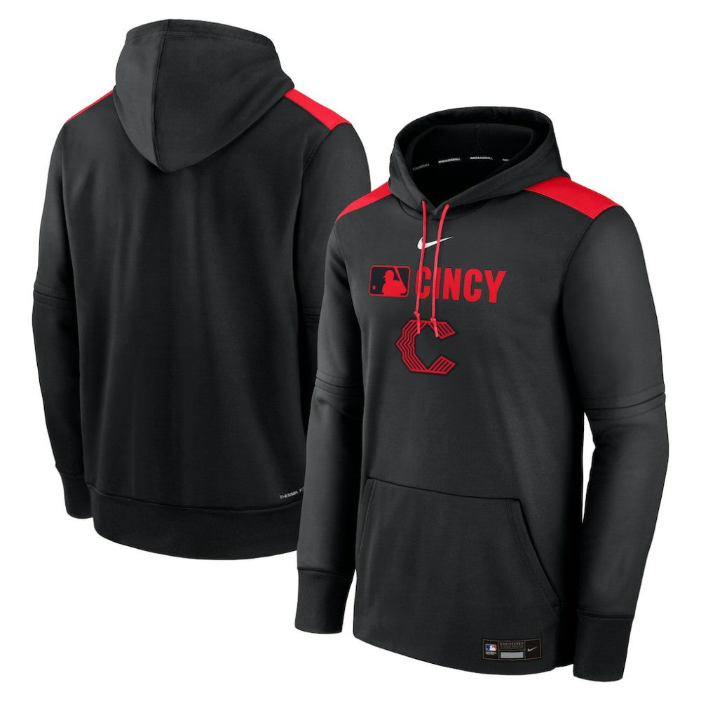 Cincinnati Reds Nike Authentic Collection City Connect Therma Pullover Hoodie - Black Hoodies