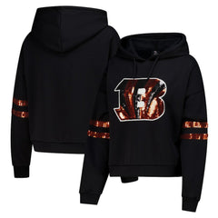 Cincinnati Bengals Cuce Women's Cropped Sequins Pullover Hoodie - Black Hoodies