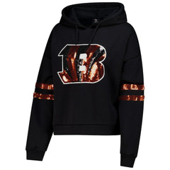 Cincinnati Bengals Cuce Women's Cropped Sequins Pullover Hoodie - Black Hoodies