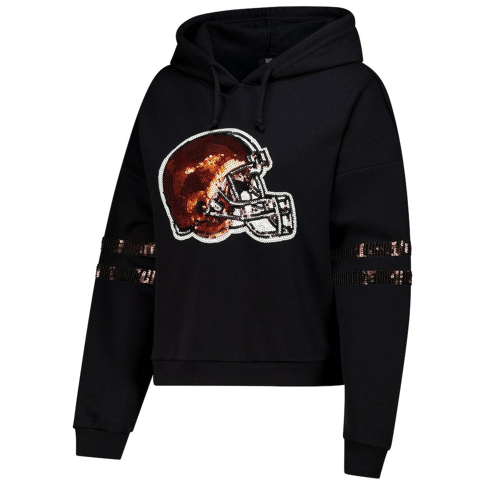 Cleveland Browns Cuce Women's Cropped Sequins Pullover Hoodie - Black Hoodies