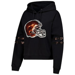 Cleveland Browns Cuce Women's Cropped Sequins Pullover Hoodie - Black Hoodies